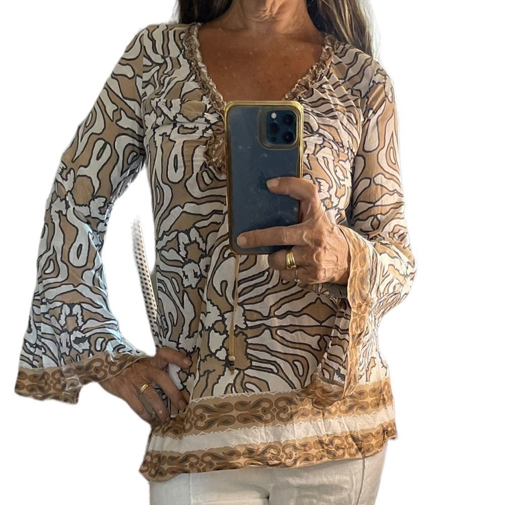 Hale Bob Cabana Cotton Silk Print Long Sleeves Key Hole Tunic Top .Size XS